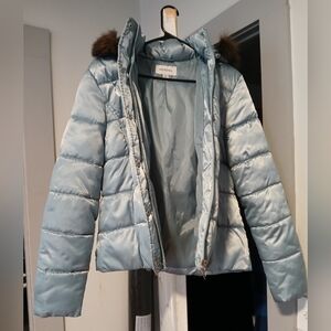 Merona Light Blue Puffer Jacket with Faux Fur Trim